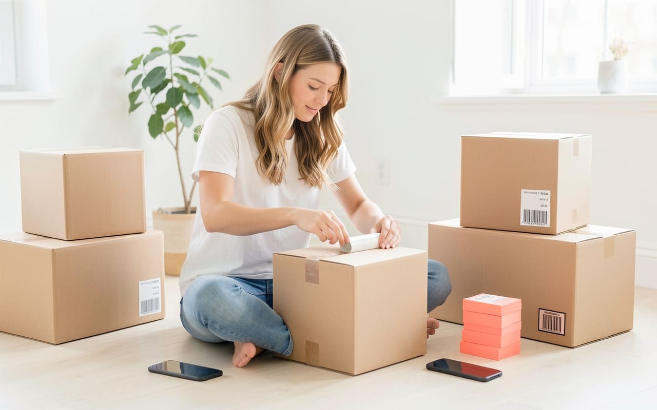 The woman sits cross-legged on the floor surrounded by filled order boxes, taping one shut, a phone glowing face-down nearby