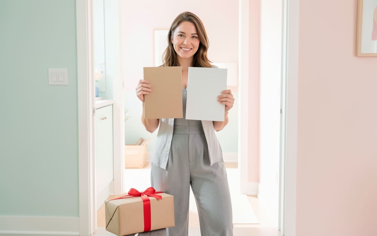 The woman holds a printed book toward the camera outside her apartment door, a small parcel with a bright red ribbon beside her