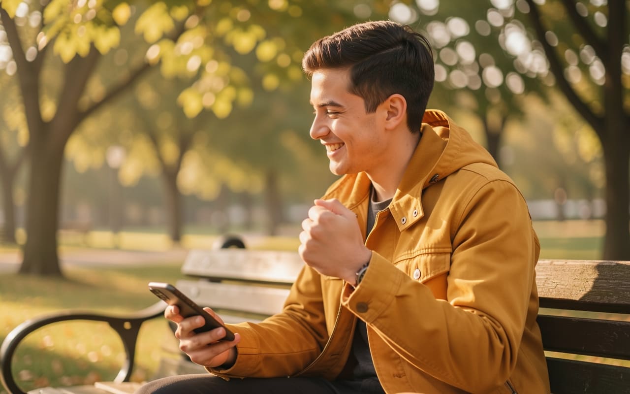 A young man pumping his fist quietly while looking at his phone on a park bench, sunlight through trees