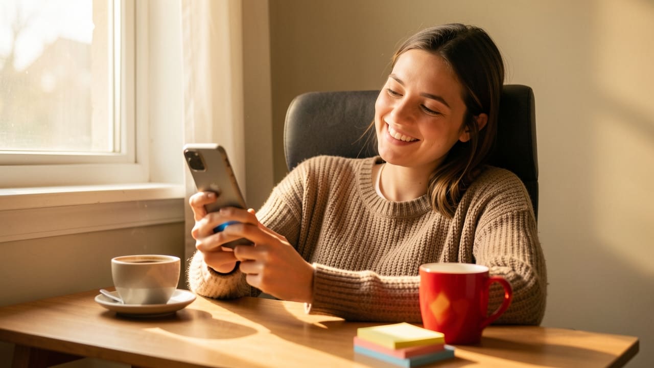 A woman at a small kitchen desk breaking into a relieved smile as her phone lights up with a sale notification, warm morning light across the table