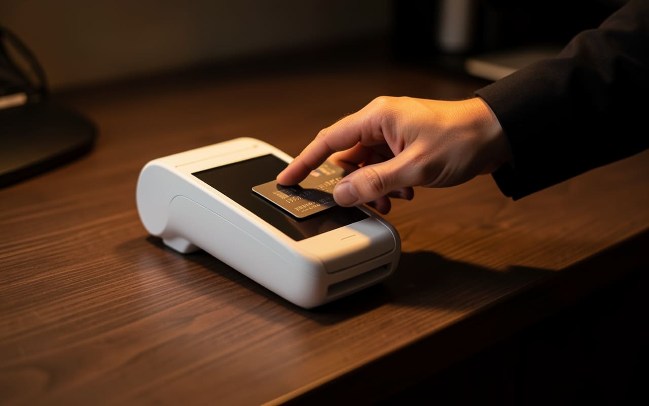 A hand tapping a contactless bank card on a card reader on a dark wooden counter under directional side light
