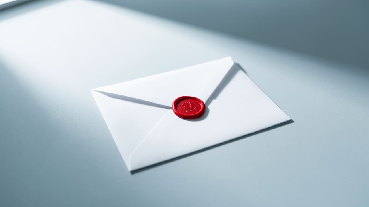A crisp white envelope with a vivid red wax seal resting on a pale blue-grey surface in large soft daylight