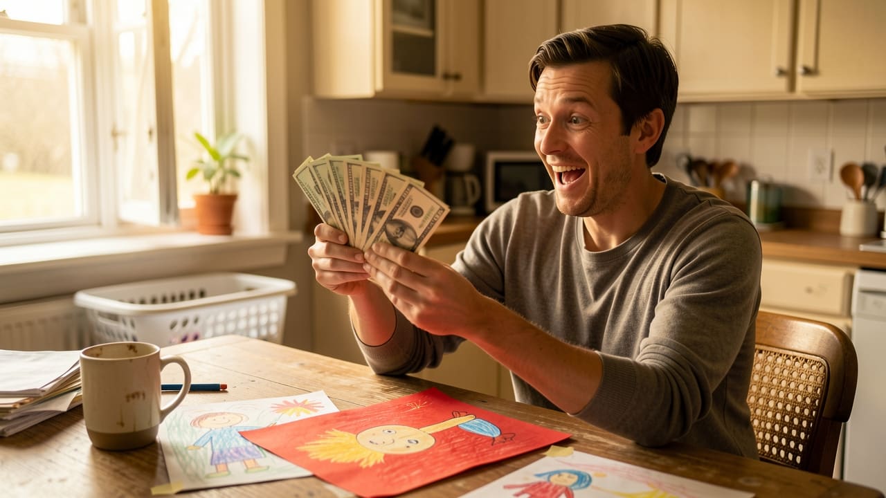 A parent at a kitchen table counting a fan of cash with a laundry basket and kids' drawings in the background, warm morning light