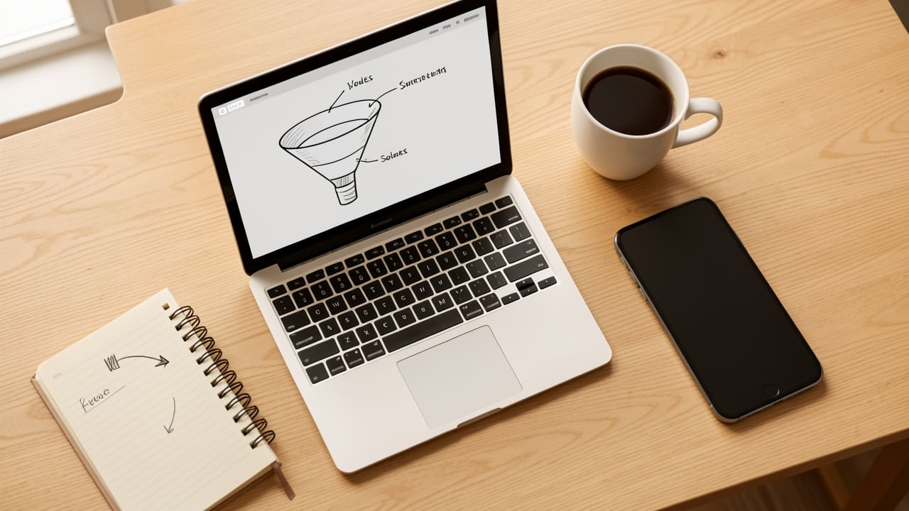 An open laptop on a wooden desk showing a hand-drawn sales funnel diagram, next to a notebook, coffee, and a phone