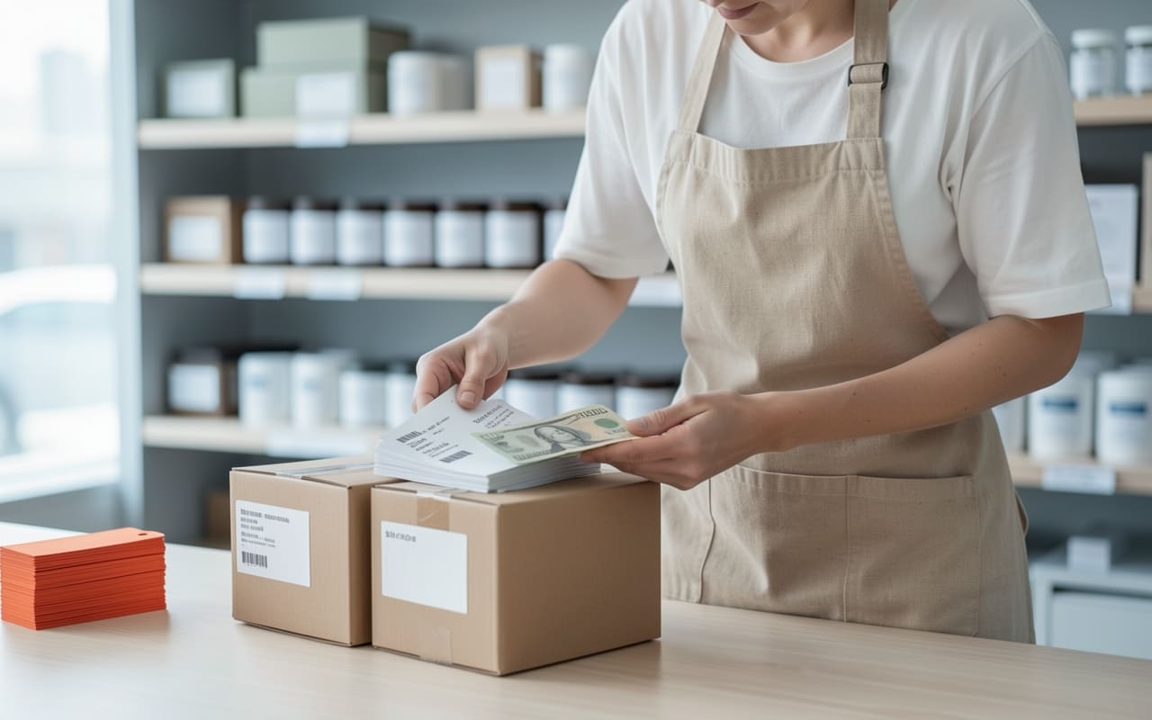 A maker's hands stacking printed shipping labels next to a row of packed boxes on a workshop counter