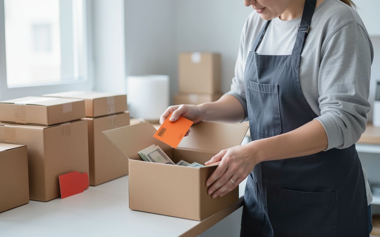 A shop owner setting a filled order box onto a counter stacked with other packed orders