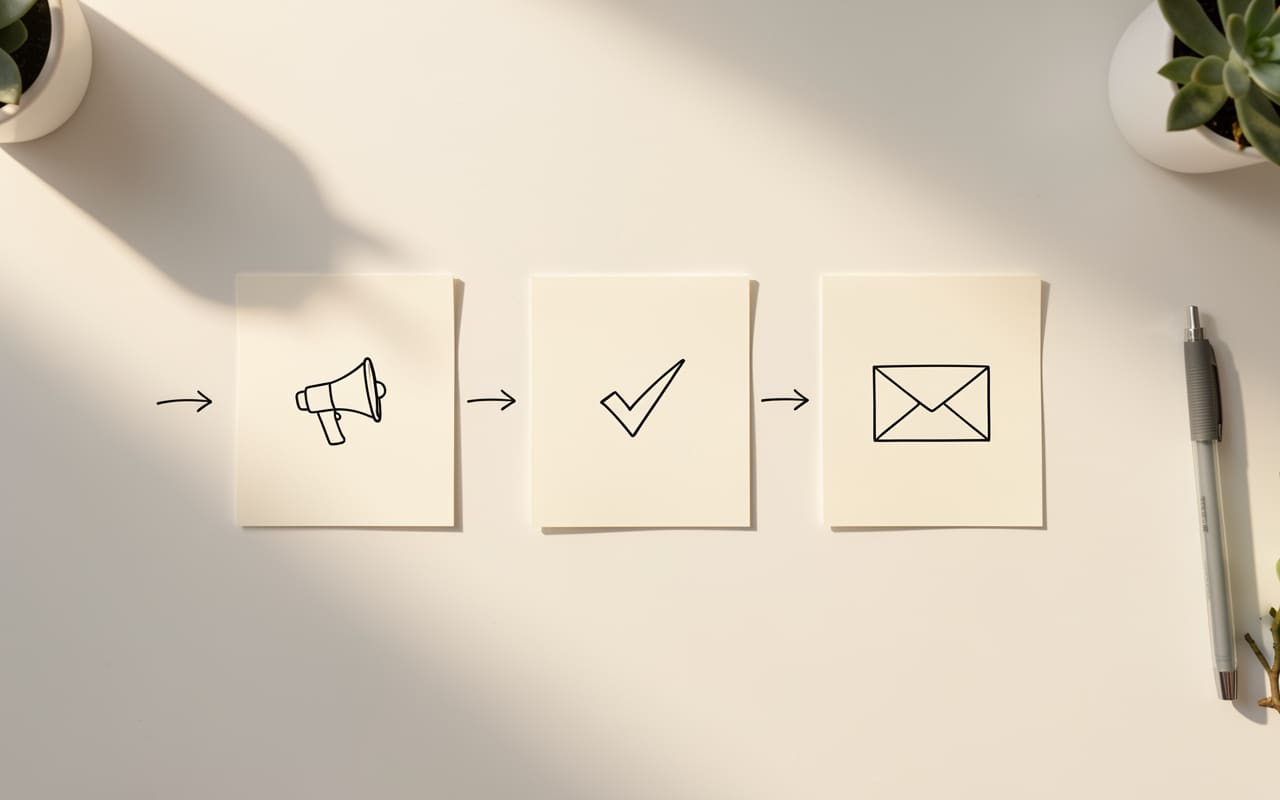 Three index cards arranged in a horizontal sequence on a white desk, representing the three stages of a beginner sales funnel