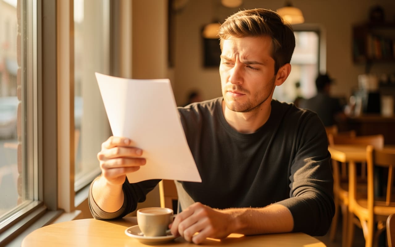 A man reading a handwritten sheet of paper critically in warm afternoon café light