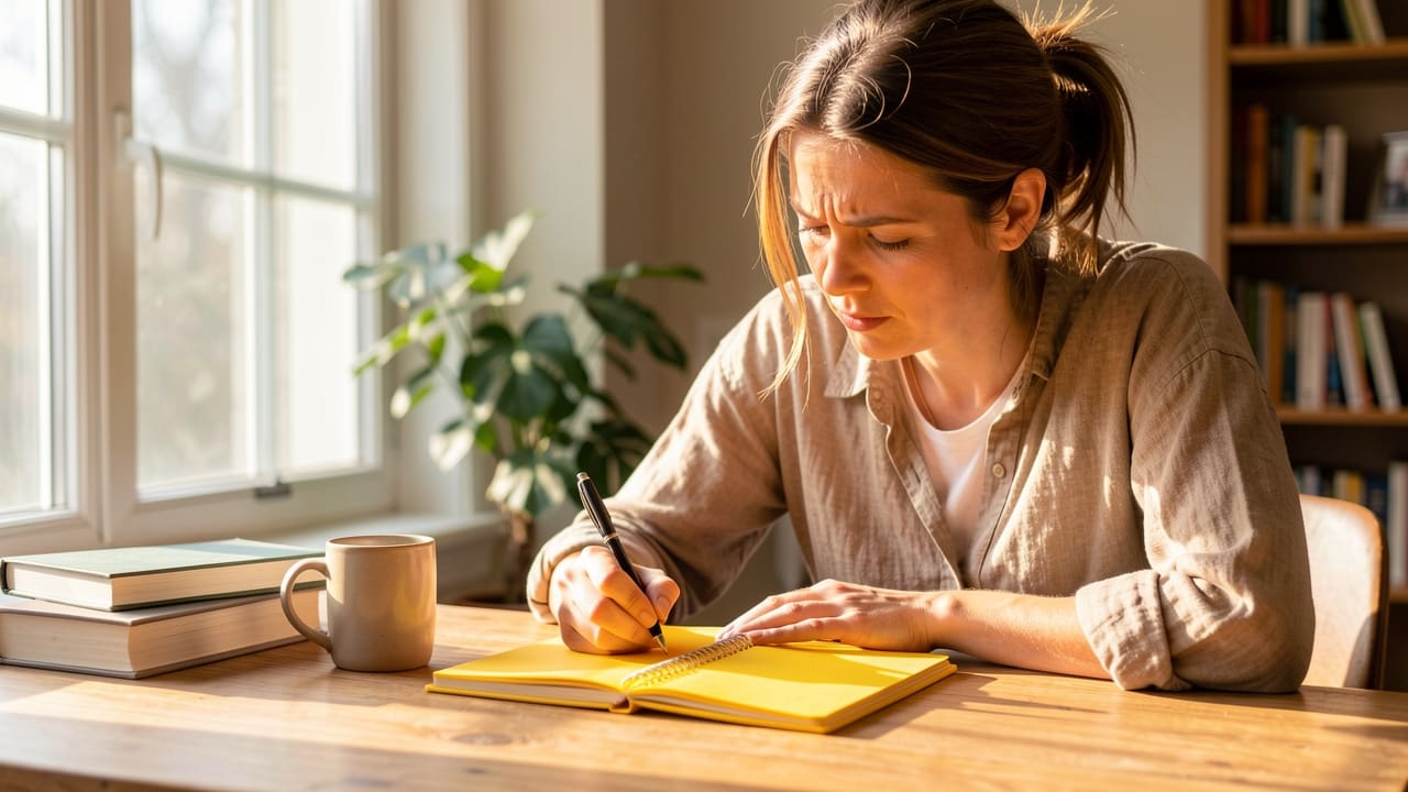 A woman writing intently in a bright yellow notebook at a wooden desk by a sunny window, coffee mug beside her