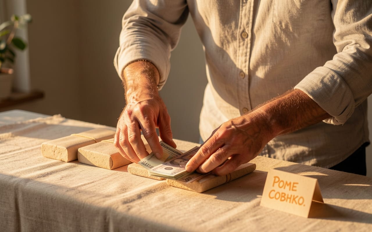 The man's hands laying out finished products in a row to photograph them, warm light across the table