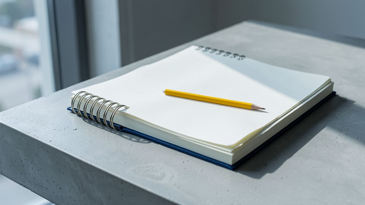 A single spiral-bound notebook open on a pale concrete desk, a yellow pencil resting in the crease, soft morning light from a window casting a long shadow — cool tones, minimal, editorial