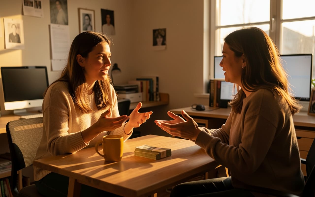 The same woman coaching a client across a small table in her apartment as warm evening light streams in