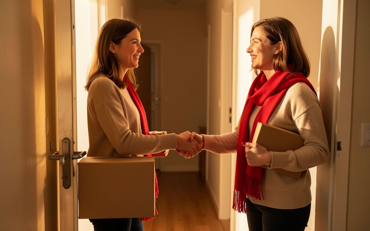 The woman shaking hands with a smiling buyer in her doorway as late sun floods the hallway
