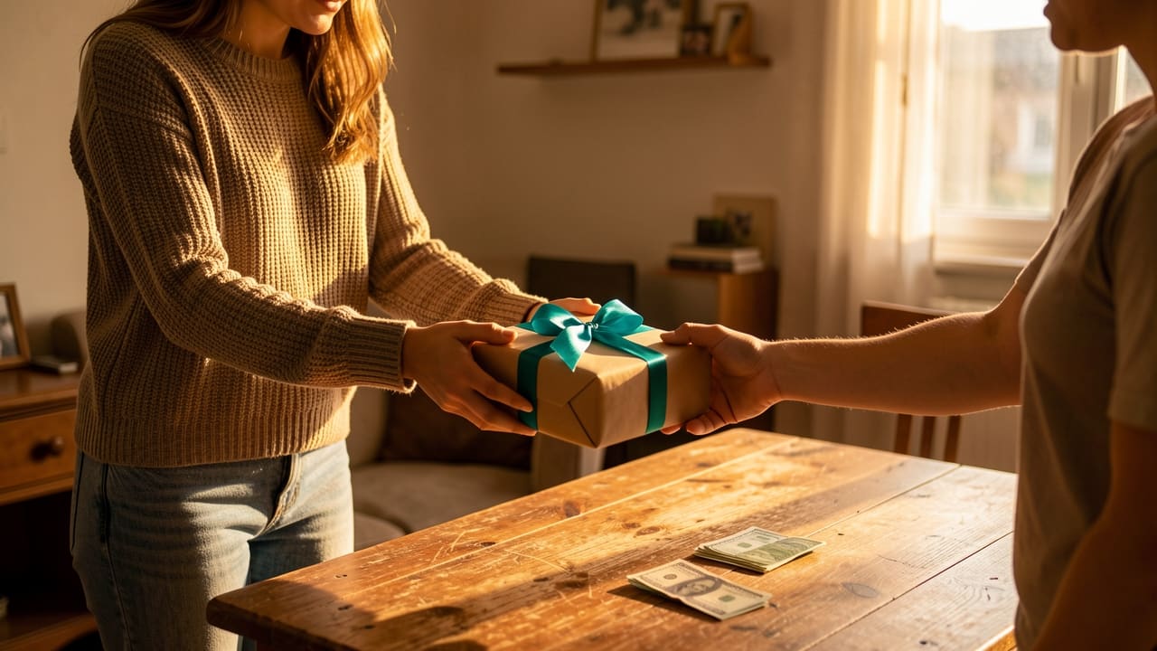A young woman in a small apartment hands a wrapped parcel to a customer across a worn kitchen table in golden-hour light