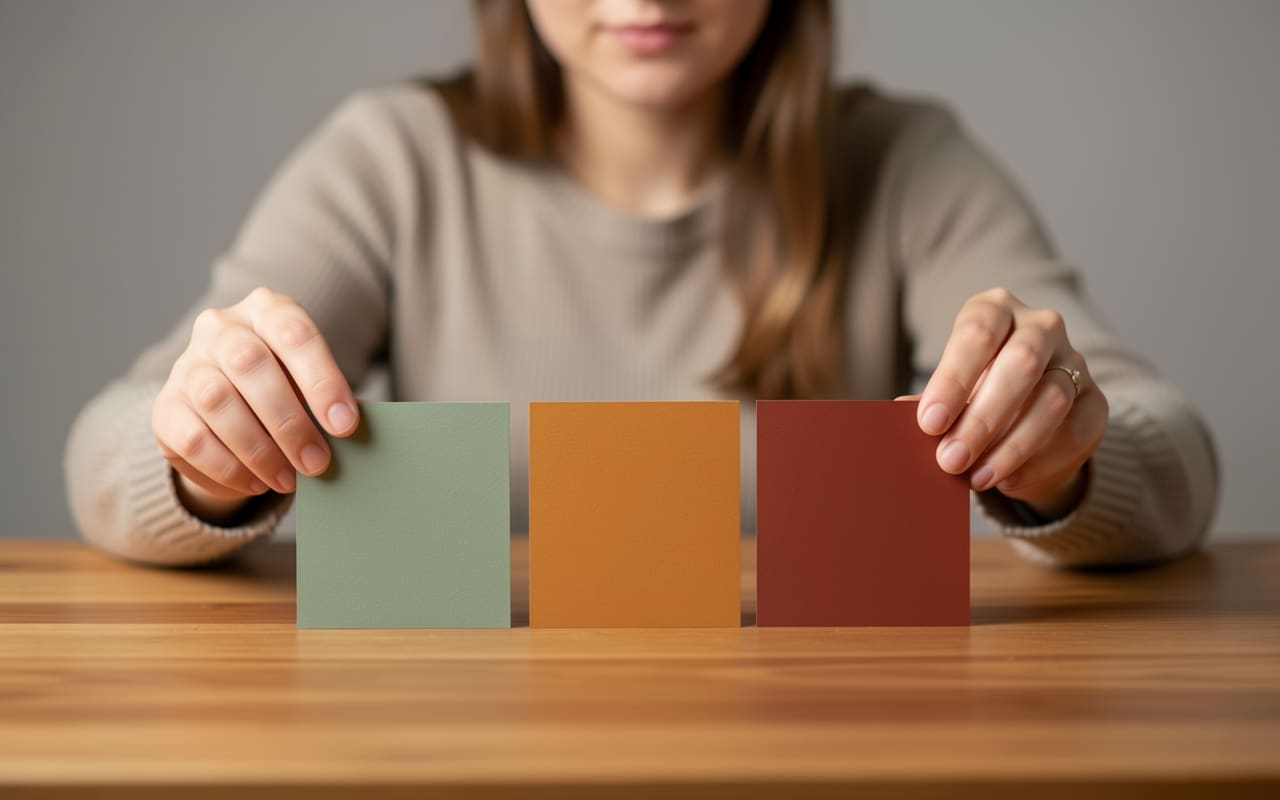 A creator at a wooden table lining up three colour-coded cards representing tiered membership levels